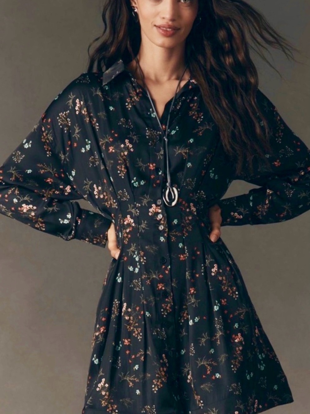 The Tobie Long Sleeve Satin Mini Shirt Dress